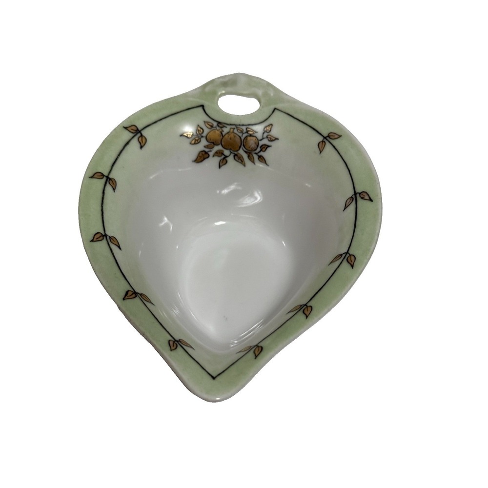 Vintage Weimar Germany Porcelain Heart Trinket Nut Dish Green Fruit Handle